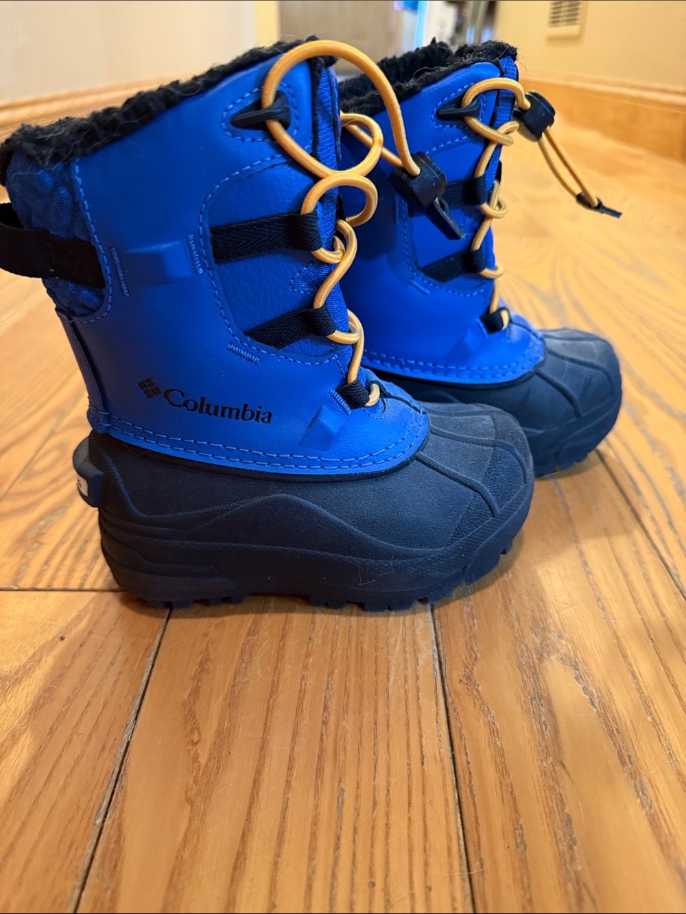 Columbia Royal Blue and Navy Kids Snow Boot with Yellow Laces